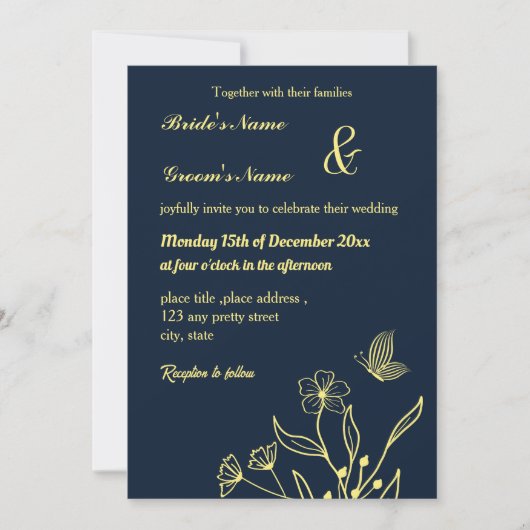 ロマンチックエレガントな金ゴールドの花と蝶の海軍 招待状 (正面)