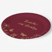 ロマンチックエレガントな金ゴールドの花のバーガンディ ペーパープレート (アングル)