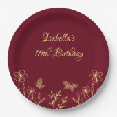 ロマンチックエレガントな金ゴールドの花のバーガンディ ペーパープレート (正面)