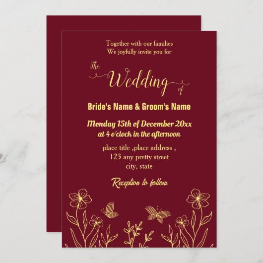 ロマンチックエレガントな金ゴールドの花のバーガンディ 招待状 (正面/裏面)