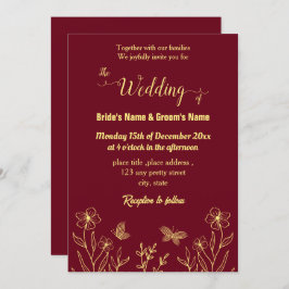 ロマンチックエレガントな金ゴールドの花のバーガンディ 招待状
