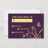 ロマンチックエレガントな金ゴールドの花パープル結婚ズ 出欠カード (正面)