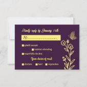 ロマンチックエレガントな金ゴールドの花パープル結婚ズ 出欠カード (正面)