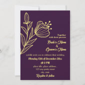 ロマンチックエレガントな金ゴールドの花パープル 招待状 (正面)