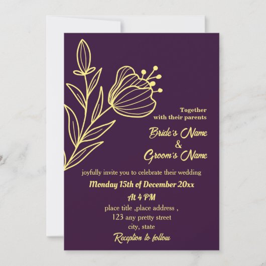 ロマンチックエレガントな金ゴールドの花パープル 招待状 (正面)
