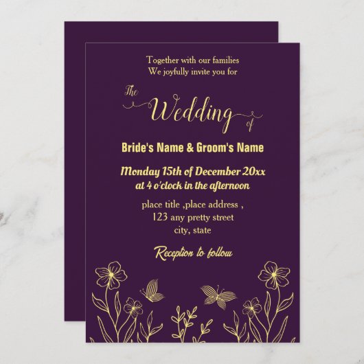 ロマンチックエレガントな金ゴールドの花パープル 招待状 (正面/裏面)