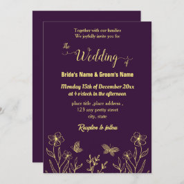 ロマンチックエレガントな金ゴールドの花パープル 招待状