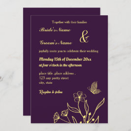 ロマンチックエレガントな金ゴールドの花パープル 招待状