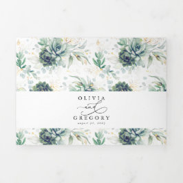 ロマンチックエレガントな金ゴールドは緑を吸結婚い込む 三つ折り招待状