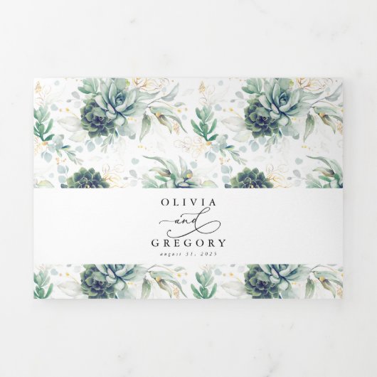 ロマンチックエレガントな金ゴールドは緑を吸結婚い込む 三つ折り招待状 (カバー)