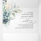 ロマンチックエレガントな金ゴールドは緑を吸結婚い込む 三つ折り招待状 (内部中)