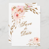 ロマンチックエレガントな金ゴールドピンクの赤面水彩フローラ セーブザデート (正面/裏面)