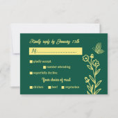 ロマンチックエレガントな金ゴールドフラワーエメラルドグリーン結婚ズ 出欠カード (正面)