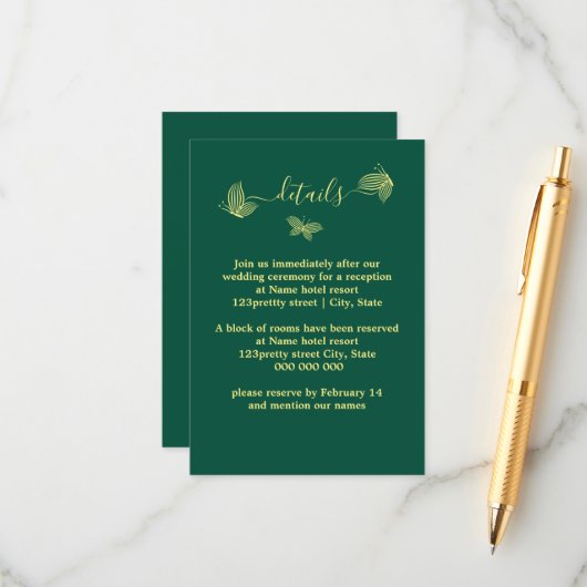 ロマンチックエレガントな金ゴールド蝶エメラルド結婚ズ エンクロージャーカード (正面/裏面インサイチュ)