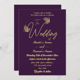 ロマンチックエレガントな金ゴールド蝶パープル 招待状