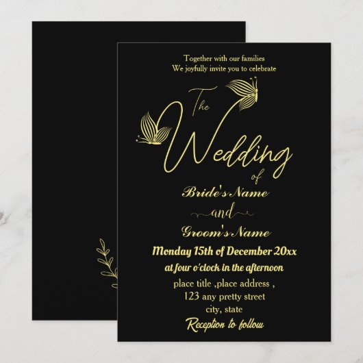 ロマンチックエレガントな金ゴールド蝶ブラック 招待状 (正面/裏面)