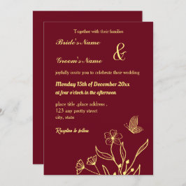 ロマンチックエレガントな金ゴールド蝶ブルゴーニュ 招待状