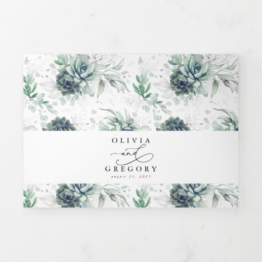 ロマンチックエレガントな銀多肉植物の結婚緑 三つ折り招待状 (カバー)