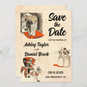 ロマンチックエレガントカップル漫画ブック日付を保存 招待状 (正面/裏面)