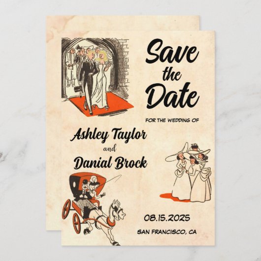 ロマンチックエレガントカップル漫画ブック日付を保存 招待状 (正面/裏面)