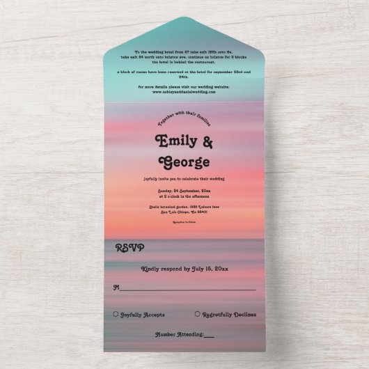 ロマンチックエレガントサンセットブルースカイビーチ結婚式 オールインワン招待状 (内側)