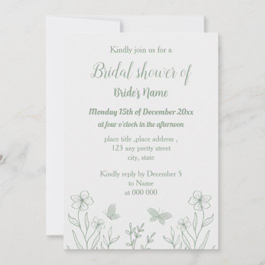 ロマンチックエレガントセージ緑のフローラブライダルシャワー 招待状 (正面)