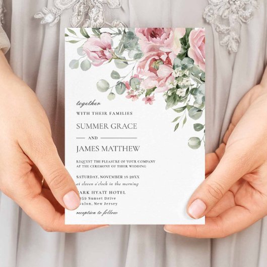 ロマンチックエレガントソフト赤面ピンクフローラ結婚ズ 招待状