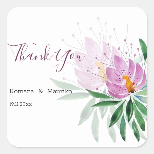 ロマンチックエレガントバイオレットロータスウォーターカラーアート スクエアシール (正面)