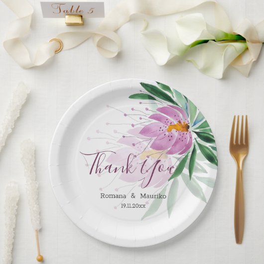 ロマンチックエレガントバイオレットロータスウォーターカラーアート ペーパープレート (ウェディング)