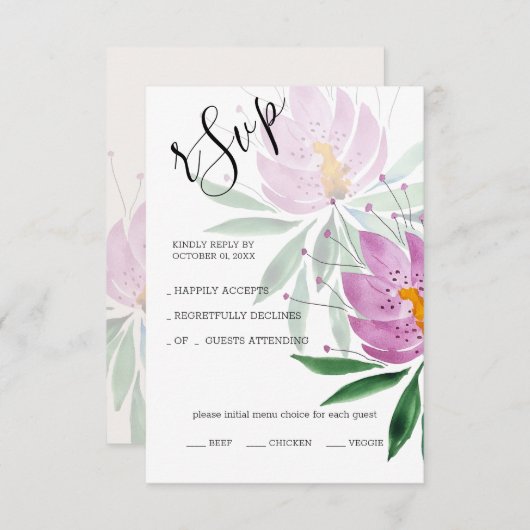 ロマンチックエレガントバイオレットロータスウォーターカラーアート 出欠カード (正面/裏面)