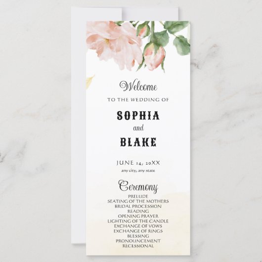 ロマンチックエレガントピンクローズイエロー結婚式 プログラム (正面)