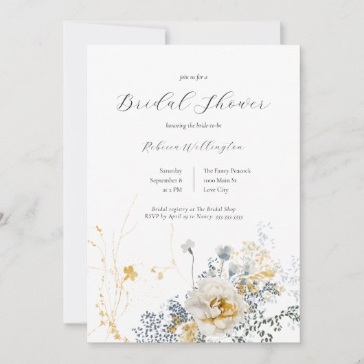 ロマンチックエレガントフローラウォーター色ブライダルシャワー 招待状 (正面)