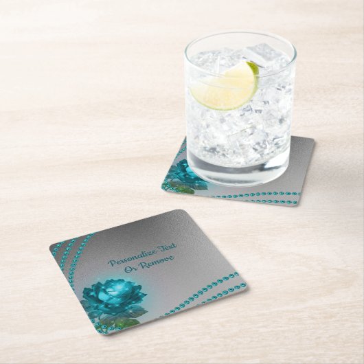 ロマンチックエレガントブルークリスタルバラパールシック スクエアペーパーコースター (インサイチュ)