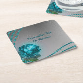 ロマンチックエレガントブルークリスタルバラパールシック スクエアペーパーコースター (アングル)