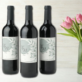 ロマンチックエレガントモノグラム葉グリーン結婚ズ ワインラベル