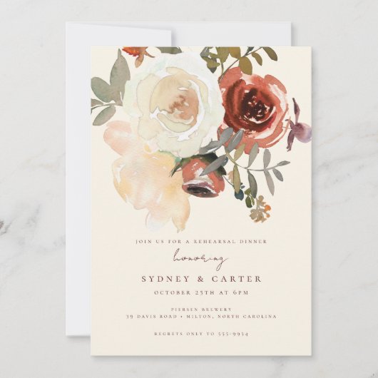 ロマンチックエレガント秋フローラレッドリハーサルディナー 招待状 (正面)