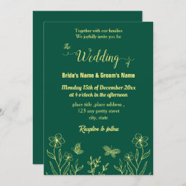 ロマンチックエレガント金ゴールドフラワーエメラルドグリーン 招待状