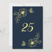 ロマンチックエレガント金ゴールドフラワーネイビーテーブル番号 招待状 (正面)