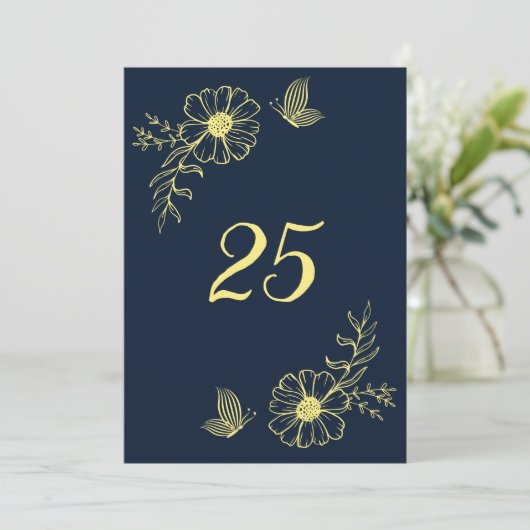 ロマンチックエレガント金ゴールドフラワーネイビーテーブル番号 招待状 (スタンド正面)