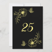 ロマンチックエレガント金ゴールドフラワーブラックテーブル番号 招待状 (正面)