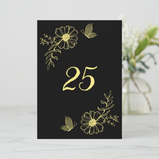 ロマンチックエレガント金ゴールドフラワーブラックテーブル番号 招待状 (スタンド正面)