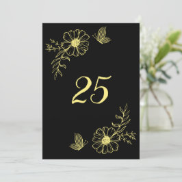ロマンチックエレガント金ゴールドフラワーブラックテーブル番号 招待状