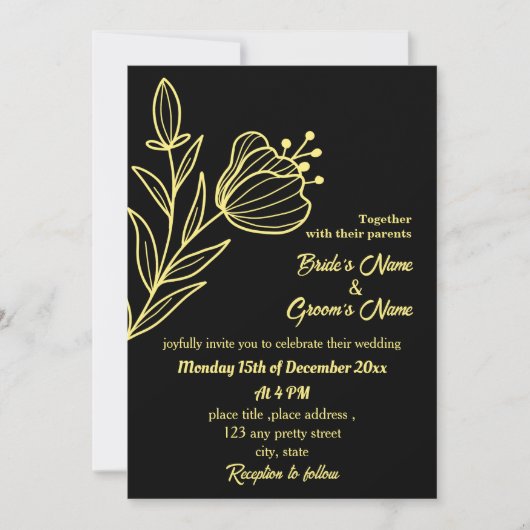 ロマンチックエレガント金ゴールドフラワーブラック 招待状 (正面)