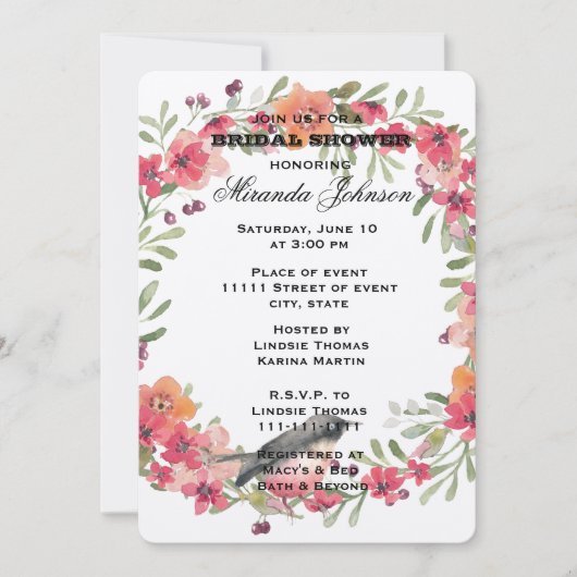 ロマンチックオレアンダーバードピンクフローラブライダルシャワー 招待状 (正面)