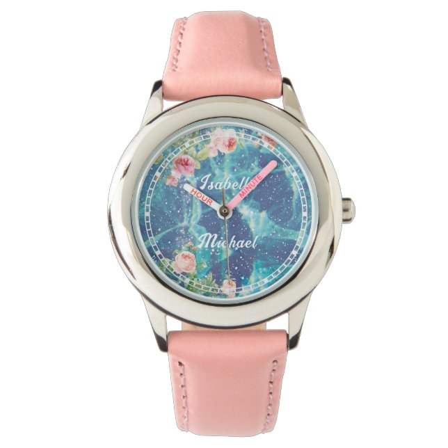 ロマンチックカスタマイズなブルーのカップル名 腕時計 (正面)
