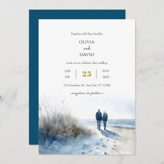 ロマンチックカップル月明かりのビーチ結婚散歩 招待状 (正面/裏面)