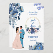 ロマンチックカップル踊りデザインブルーフローラ結婚ズ 招待状 (正面/裏面)