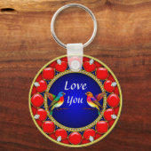 ロマンチックカラフルなハートに囲まれたハミングバード キーホルダー (裏面)