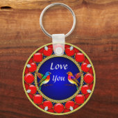 ロマンチックカラフルなハートに囲まれたハミングバード キーホルダー (正面)