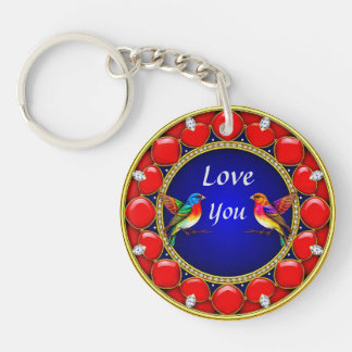 ロマンチックカラフルなハートに囲まれたハミングバード キーホルダー